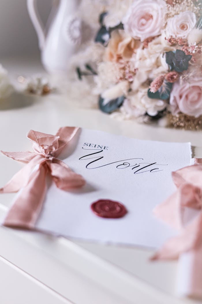 Close-up of a wedding invitation with pink ribbons and flowers, creating a romantic ambiance.